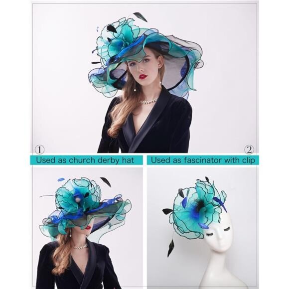 Women\'s Organza Derby Hat Wide Brim Sun Hats Dual-use, Blue and Green main image 5